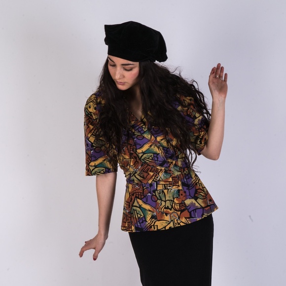 Vintage Abstract Printed Peplum Blouse - Picture 2 of 4